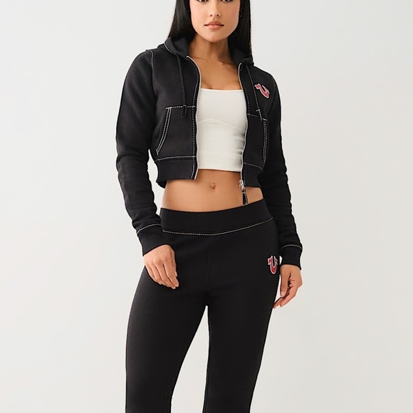 Women’s True Religion Shruken Zip Up Hoodie Big T, Black, Medium - Picture 2 of 10